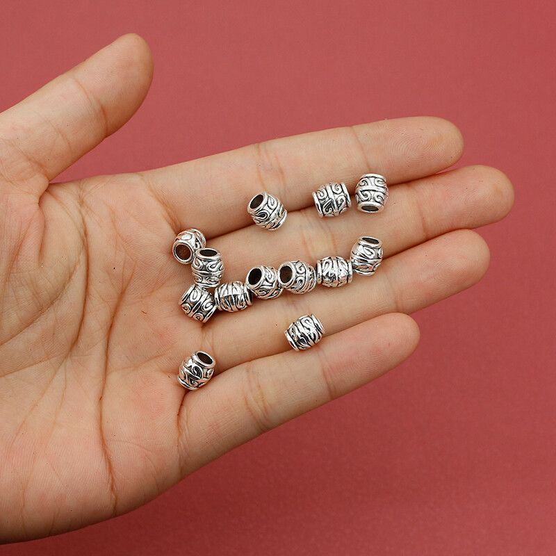 20 ks/lot Retro tibetské strieborné vzorované vedrové korálky 7,5x7 mm s veľkým otvorom, korálky na náramky, vlasy/brady, DIY šperky