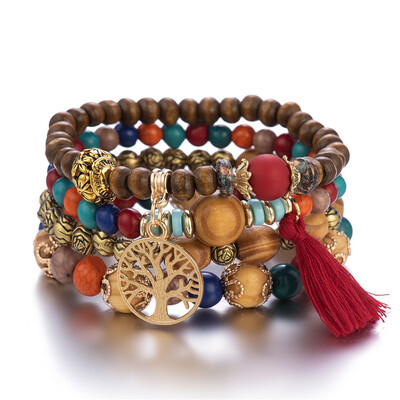 4Pcs Bohemia Tree of Life Charm Комплект гривни с мъниста за жени Ръчно изработени дървени мъниста Верига Гривна Женски бохо бижута