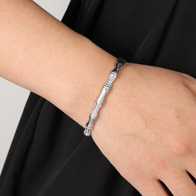 RAKOL Brățară de zircon micropavată în formă de O, din bambus din bambus, din oțel titan, în formă de O, pentru femei, îmbrăcăminte zilnică, bijuterii la modă