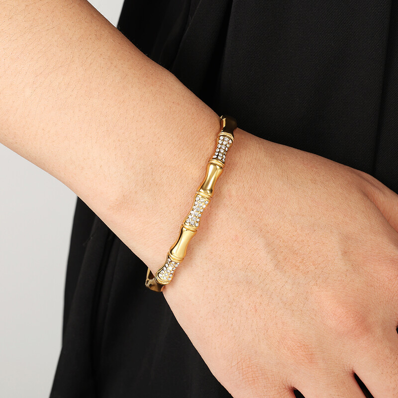 RAKOL Brățară de zircon micropavată în formă de O, din bambus din bambus, din oțel titan, în formă de O, pentru femei, îmbrăcăminte zilnică, bijuterii la modă