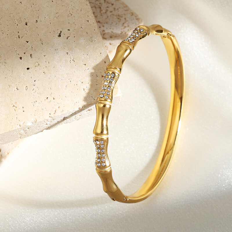 RAKOL Brățară de zircon micropavată în formă de O, din bambus din bambus, din oțel titan, în formă de O, pentru femei, îmbrăcăminte zilnică, bijuterii la modă