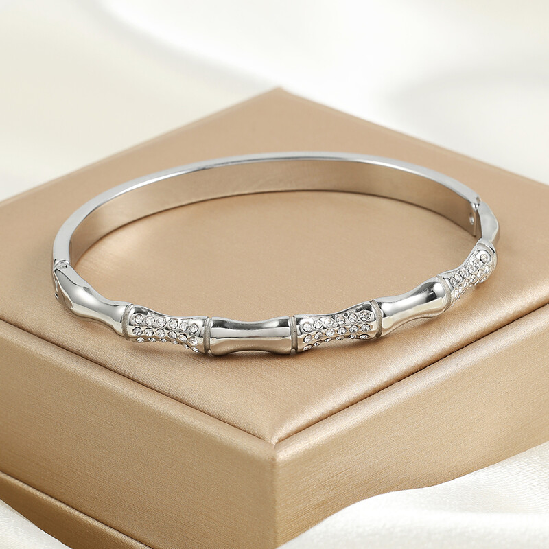 RAKOL Brățară de zircon micropavată în formă de O, din bambus din bambus, din oțel titan, în formă de O, pentru femei, îmbrăcăminte zilnică, bijuterii la modă