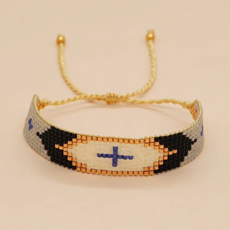 Korálkový náramok, trend, nastaviteľný, jednoduchý kríž, módny, bohémsky, ručne tkaný unisex náramok s ryžovou guľôčkou