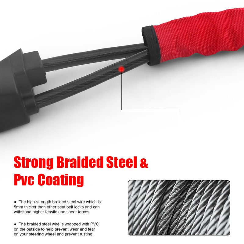 Automobilio vairo užraktas su saugos diržo lizdu Plieninis lynas sunkvežimių visureigiui furgonui su 3 raktais universalus apsaugos nuo vagystės įtaisas