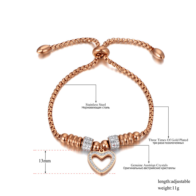 Lokaer új titán rozsdamentes acél fehér strassz lánc és lánc karkötők nőknek szerelmes szívvel állítható méretű karkötő B20053