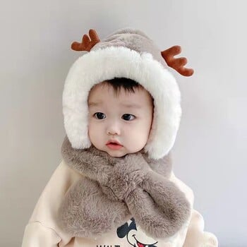 Winter Kids beanie καπέλο αγόρι κορίτσι Κινούμενα σχέδια Deer Antler Baby Onesie Καπέλα Κασκόλ Μαλακή βελούδινη επένδυση Βρεφική αντιανεμική χοντρή νήπια καπέλα