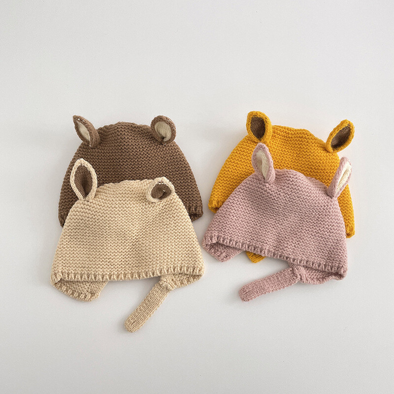 Animacinių filmų kūdikių megzta kepurė su snapučiu žiemai, šilta mažylio ausų apsaugos kepurė Vienspalvis mielas triušiukas vaikams berniukui mergaitei ausinės kepuraitės