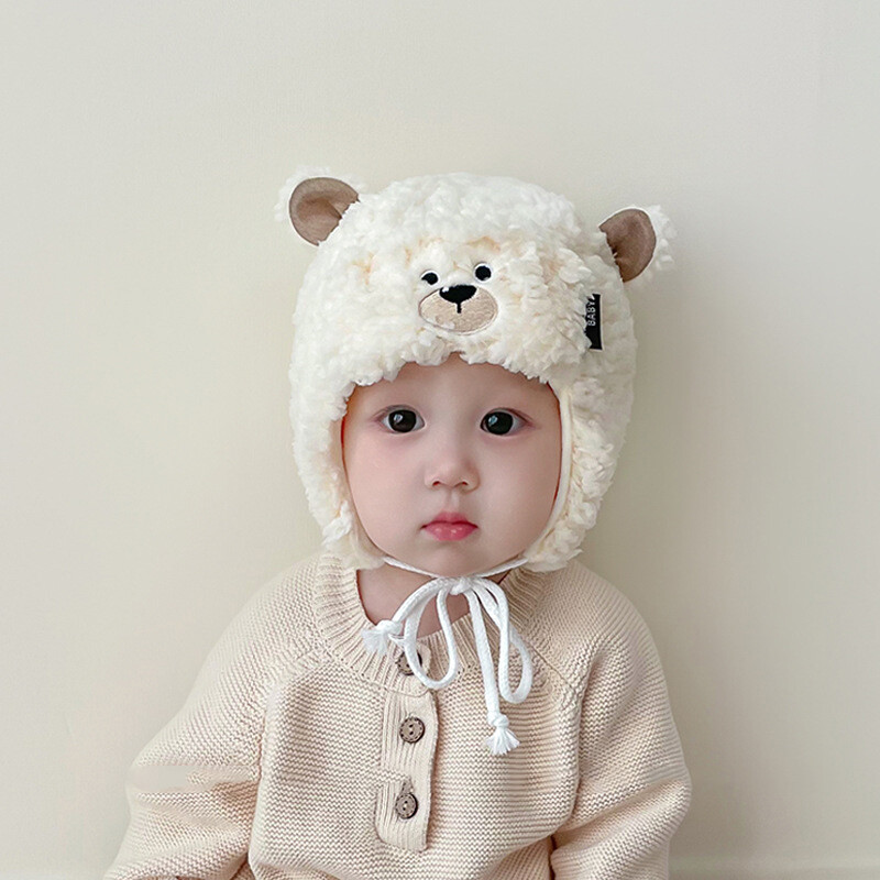 Téli rajzfilm plüsssapka babának, aranyos medvének, meleg fülvédő sapka csecsemő fiú lánynak. Kawaii egyszínű kisgyermek fülvédő sapka