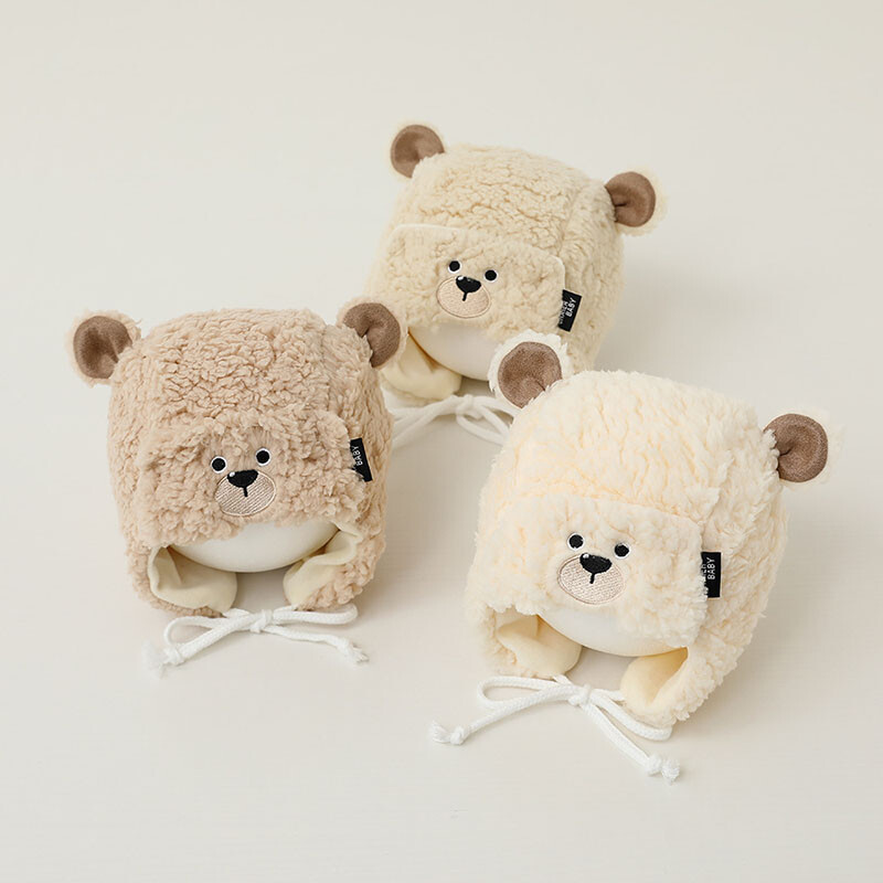 Téli rajzfilm plüsssapka babának, aranyos medvének, meleg fülvédő sapka csecsemő fiú lánynak. Kawaii egyszínű kisgyermek fülvédő sapka