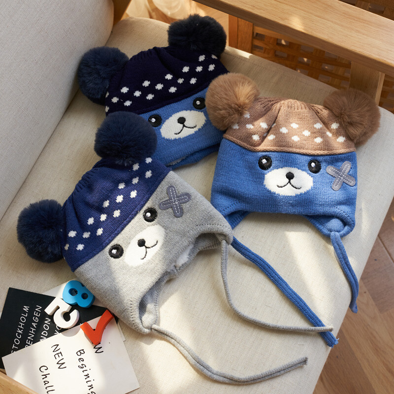 Pălărie de iarnă pentru bebeluș băiețel cu bile de blană tricotată Căciuli pentru copii Bonnet pentru copii mici Pălării pentru copii Accesorii pentru sugari Căptușeală fleece 1-4A