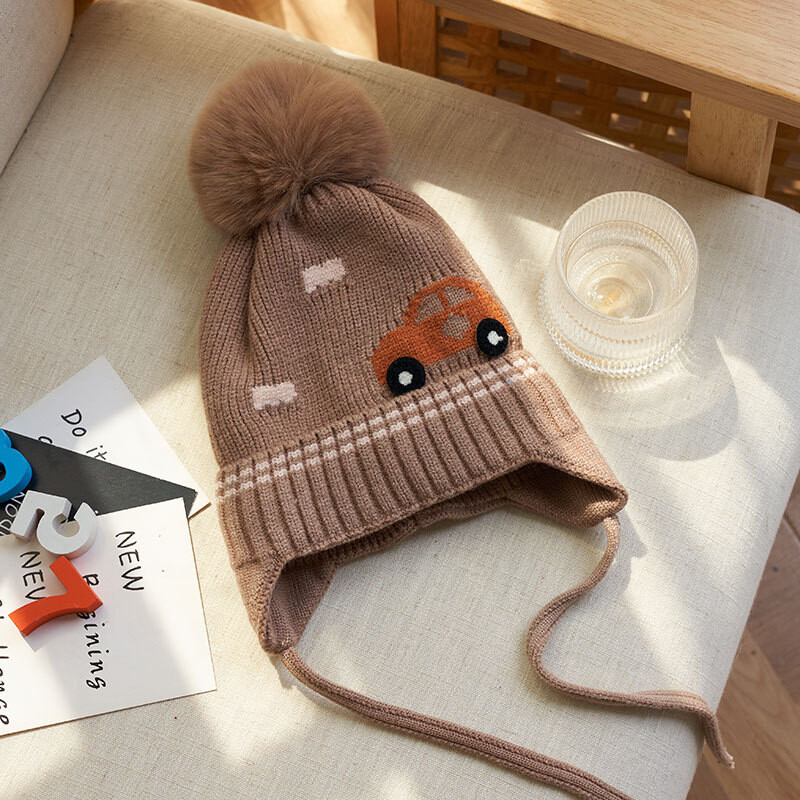 Pălărie de iarnă pentru bebeluș băiețel cu bile de blană tricotată Căciuli pentru copii Bonnet pentru copii mici Pălării pentru copii Accesorii pentru sugari Căptușeală fleece 1-4A