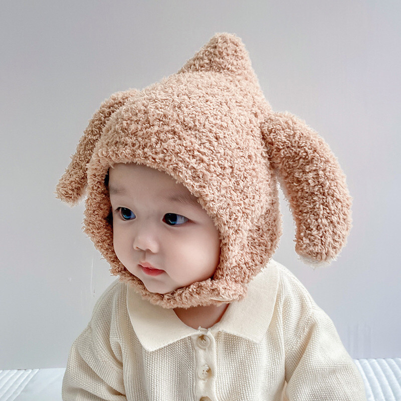 Pălărie de pluș pentru bebeluși de iarnă, drăguț, urechi de iepure de desene animate, șapcă pentru copii mici, culoare solidă, îngroșare, caldă, pentru copii, băiat, fată.