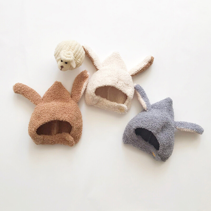 Pălărie de pluș pentru bebeluși de iarnă, drăguț, urechi de iepure de desene animate, șapcă pentru copii mici, culoare solidă, îngroșare, caldă, pentru copii, băiat, fată.