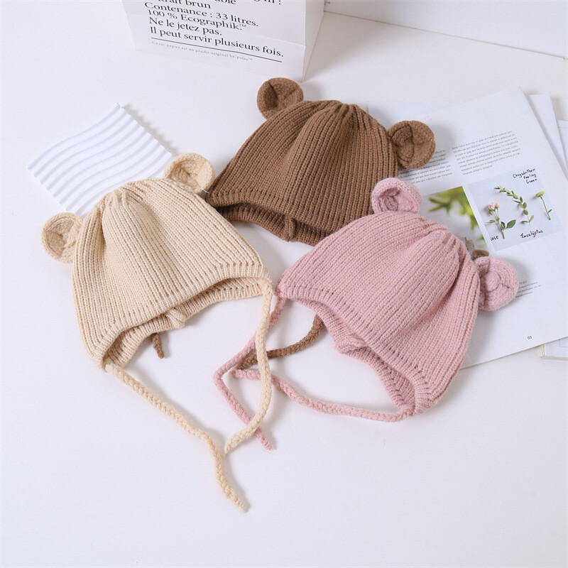 Kapa za zaštitu ušiju za bebe, djecu, jesen, zima, jednobojna, mekana pletena topla kapa s kapom, dječje tople kape s kapom s medvjeđim ušima