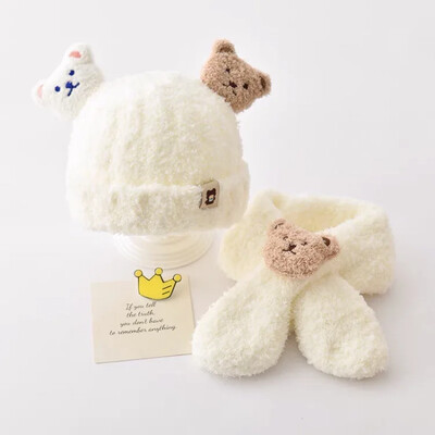 Kūdikių kepurė žieminis pliušinis šalikas, 2 dalių rinkinys berniukams mergaitėms, mielas šiltas sustorėjęs kūdikių kepuraitės žavesys, šiltas vaikams