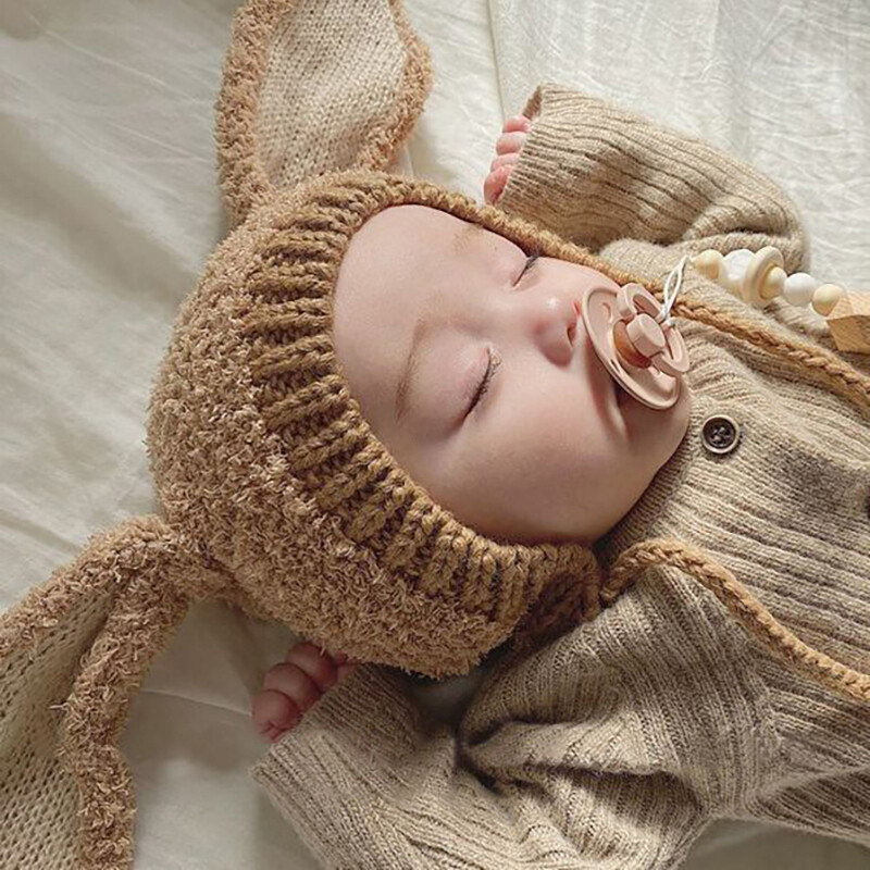 Pălărie drăguță cu ureche lungă de pluș pentru bebeluși, iepuraș de desene animate, iarnă, căciulă caldă tricotată, culoare solidă, pentru copii, băieți, fată, căciuli calde pentru urechi.