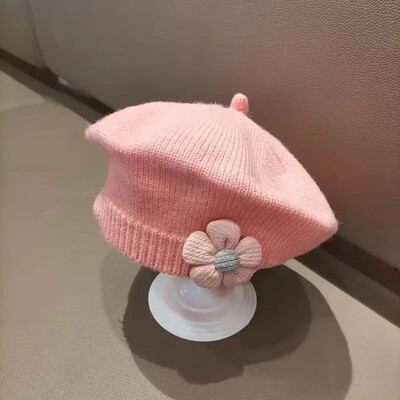 Virágos babasapkás sapka téli meleg kötött sapka csecsemő lányoknak Koreai kisgyermek hercegnő művész egyszínű festő sapka