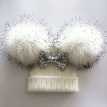 Kids Glitter Bow Knot Διπλό Καπέλο Pompom για κοριτσάκια Χειμερινό Καπάκι Κασκόλ Παιδικά Αξεσουάρ Καπό