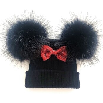 Kids Glitter Bow Knot Διπλό Καπέλο Pompom για κοριτσάκια Χειμερινό Καπάκι Κασκόλ Παιδικά Αξεσουάρ Καπό