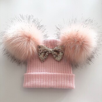 Kids Glitter Bow Knot Διπλό Καπέλο Pompom για κοριτσάκια Χειμερινό Καπάκι Κασκόλ Παιδικά Αξεσουάρ Καπό