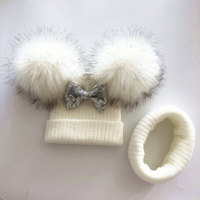 Kids Glitter Bow Knot Διπλό Καπέλο Pompom για κοριτσάκια Χειμερινό Καπάκι Κασκόλ Παιδικά Αξεσουάρ Καπό