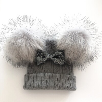Dječji šešir sa svjetlucavom mašnom i dvostrukim pomponima za djevojčice, zimska kapa, šal, dječji dodaci, šešir