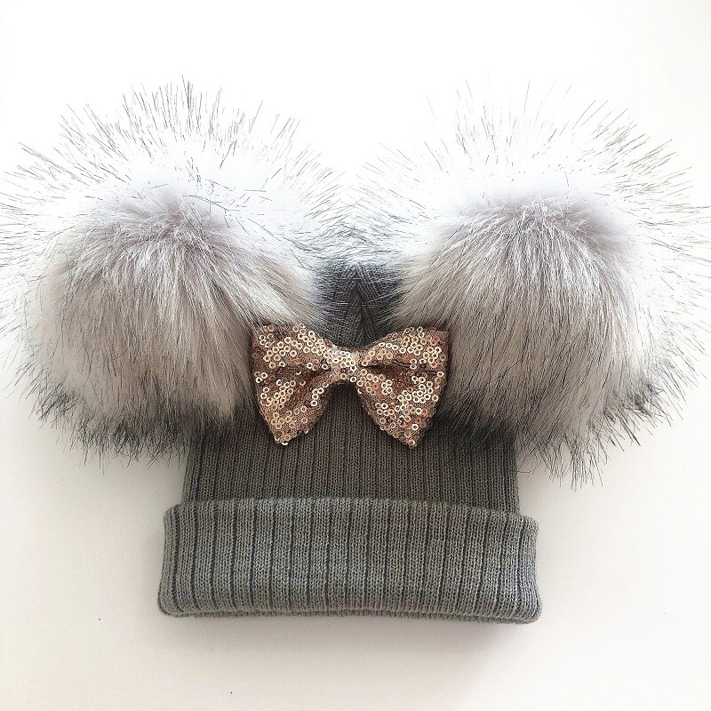 Dječji šešir sa svjetlucavom mašnom i dvostrukim pomponima za djevojčice, zimska kapa, šal, dječji dodaci, šešir