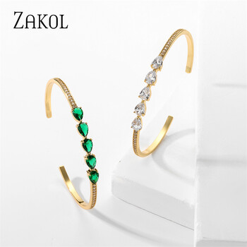 ZAKOL Fashion Green Water Drop Κυβικό Ζιργκόν Βραχιόλι για Γυναικείες Λεπτές Απόχρωση Χρυσό Χρώμα Ρυθμιζόμενο Βραχιόλι για πάρτι