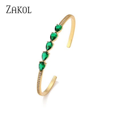 ZAKOL Fashion Green Water Drop kubinio cirkonio rankogalių apyrankė moterims Delicate Ins Aukso spalvos reguliuojama apyrankė vakarėlio papuošalai