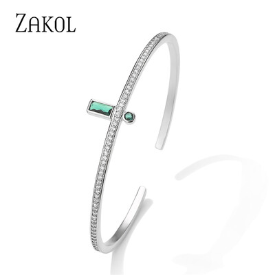 ZAKOL divat zöld mandzsetta karperecek nőknek téglalap cirkónia karkötők karácsonyi parti ékszerek