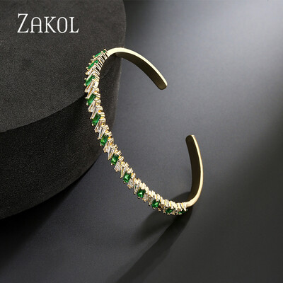 ZAKOL divat zöld mandzsetta karperecek nőknek téglalap cirkónia karkötők karácsonyi parti ékszerek