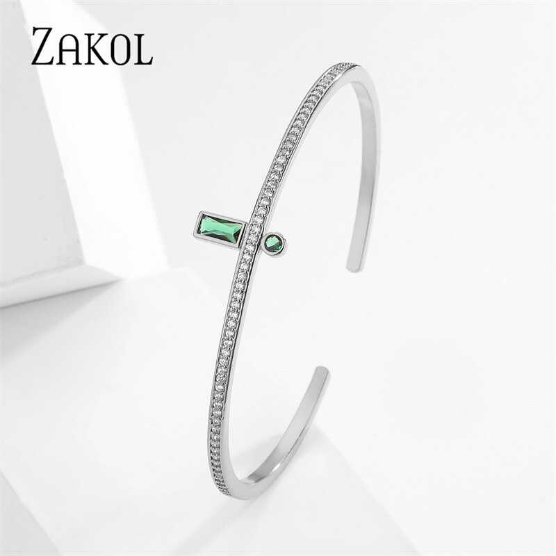 ZAKOL divat zöld mandzsetta karperecek nőknek téglalap cirkónia karkötők karácsonyi parti ékszerek