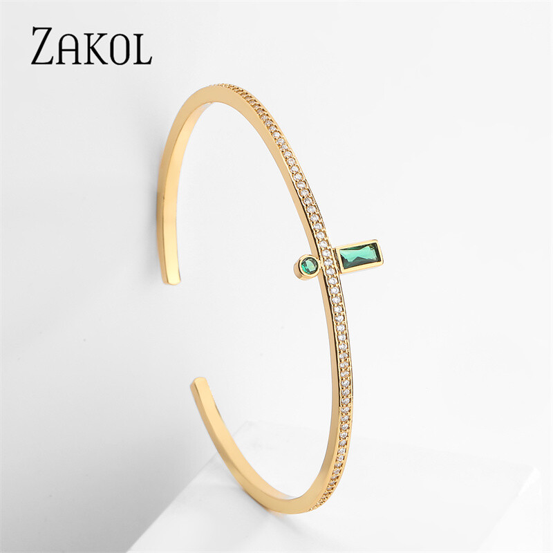 ZAKOL divat zöld mandzsetta karperecek nőknek téglalap cirkónia karkötők karácsonyi parti ékszerek