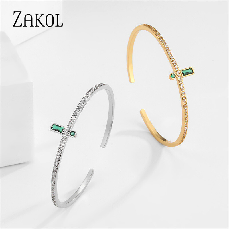 ZAKOL divat zöld mandzsetta karperecek nőknek téglalap cirkónia karkötők karácsonyi parti ékszerek