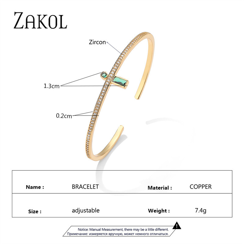 ZAKOL divat zöld mandzsetta karperecek nőknek téglalap cirkónia karkötők karácsonyi parti ékszerek