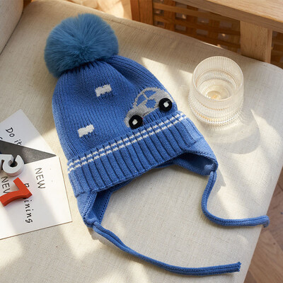 Pălărie de iarnă pentru bebeluș băiețel cu clapă pentru urechi, bile de blană artificială, tricotată, șapcă pentru copii, pălărie pentru copii mici, accesorii pentru sugari, căptușeală din lână 1-4 ani