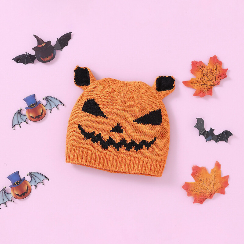 Detská jeseň/zima, halloween, tekvicová potlač, teplá vlnená pletená čiapka, módna detská čiapka, detská snehová čiapka