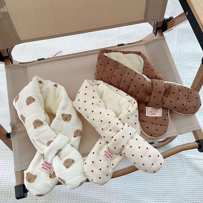 Új koreai pamut baba sál őszi téli pöttyös karton medve fiú lány meleg nyakkendő kültéri szélálló gyerekeknek keresztben a nyakába