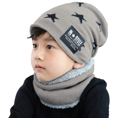 Karstā izpārdošana Bērnu ziemas vilnas cepures šalles komplekts zīdaiņiem, meitenēm korejiešu biezā, siltā trikotāžas zvaigžņu raksta beanie cepure bērniem
