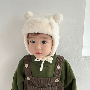 Cute Bear Baby Ear Protection Beanies Βρεφικά βελούδινα Earflaps Καπάκι μαλακό γούνινο χειμωνιάτικο ζεστό καπέλο Παιδικό κορίτσι αγόρι Bonnet Soild Fit 8M-3Y