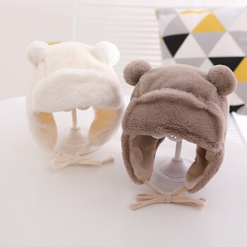 Cute Bear Baby Ear Protection Beanies Βρεφικά βελούδινα Earflaps Καπάκι μαλακό γούνινο χειμωνιάτικο ζεστό καπέλο Παιδικό κορίτσι αγόρι Bonnet Soild Fit 8M-3Y