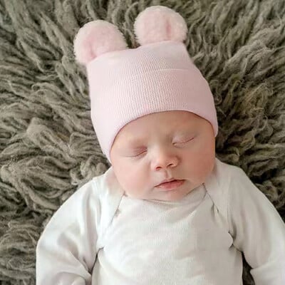Jauka multfilma Lācis Auss Jaundzimušā Cepure Ziemas Mīksta Silta Trikotāžas Puišu Meiteņu Cepures Beanie Vienkrāsains vāciņš Pārsegs Jaundzimušo fotogrāfija