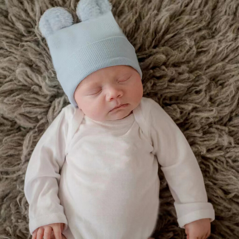 Pălărie pentru nou-născut cu ureche de urs de desene animate drăguțe, iarnă, moale, caldă, tricotată, băieți, fete, pălării, pălărie, pălărie, culoare solidă, bonetă, fotografie pentru nou-născut