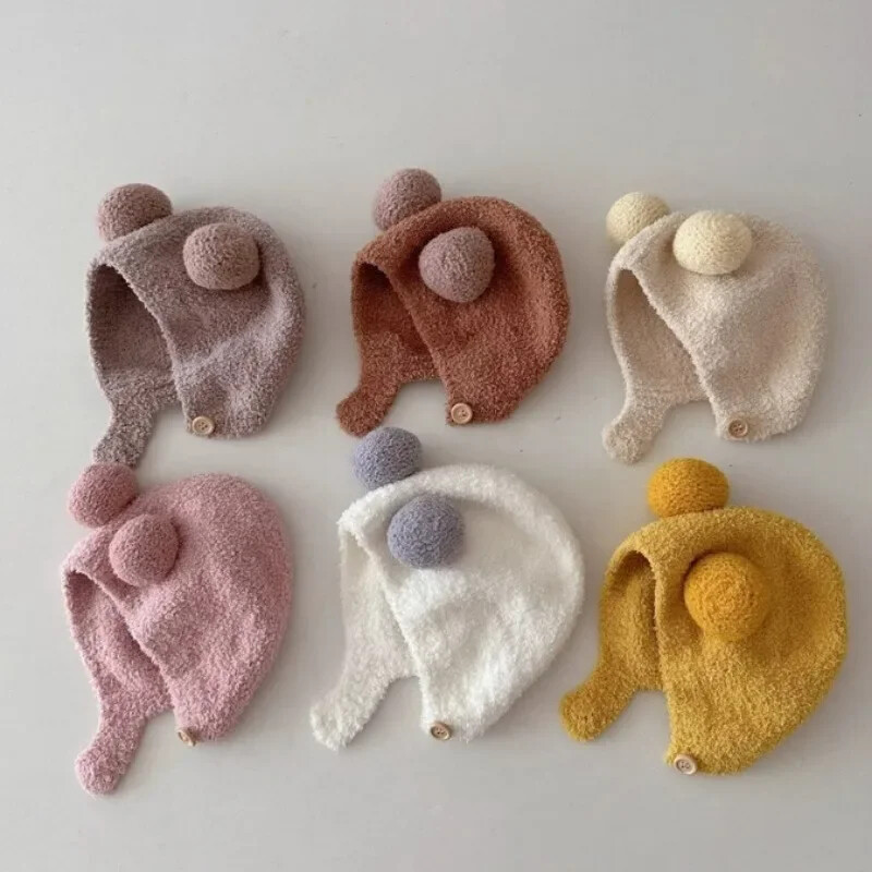Iarnă drăguță Călduță Copii Fată Băieți Pălării pentru bebeluși Căciuli de lână din lână cu bile cu minge Pălării de protecție pentru urechi din lână solidă Boneta moale pentru nou-născut