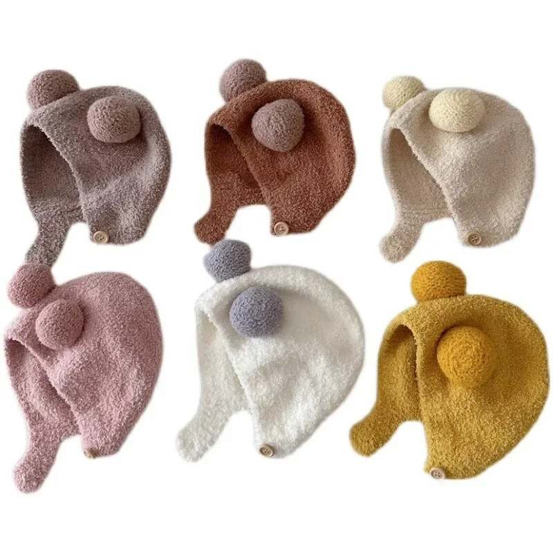 Iarnă drăguță Călduță Copii Fată Băieți Pălării pentru bebeluși Căciuli de lână din lână cu bile cu minge Pălării de protecție pentru urechi din lână solidă Boneta moale pentru nou-născut