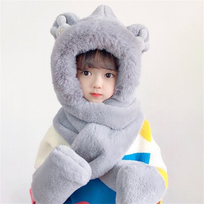 Pălării cu glugă din pluș de iarnă Eșarfă Mănuși pentru copii Fete Pălărie moale 3 în 1 groasă și caldă cu eșarfă lungă șal înfășurări Mănuși șapcă pentru copii