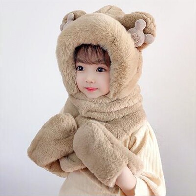 Pălării cu glugă din pluș de iarnă Eșarfă Mănuși pentru copii Fete Pălărie moale 3 în 1 groasă și caldă cu eșarfă lungă șal înfășurări Mănuși șapcă pentru copii