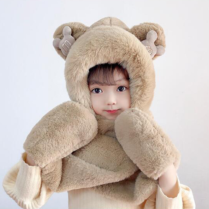 Pălării cu glugă din pluș de iarnă Eșarfă Mănuși pentru copii Fete Pălărie moale 3 în 1 groasă și caldă cu eșarfă lungă șal înfășurări Mănuși șapcă pentru copii