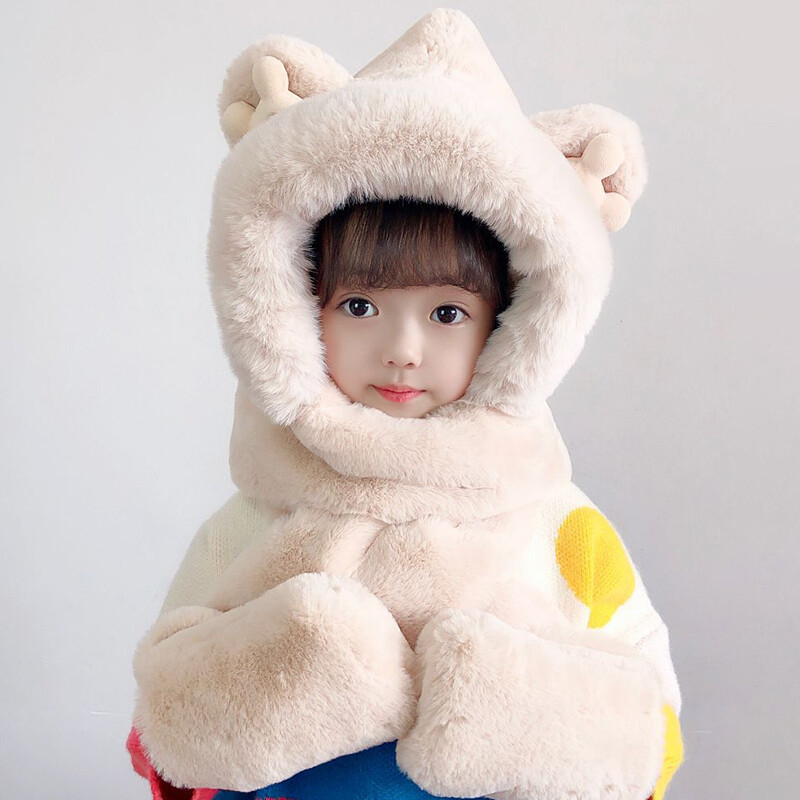 Pălării cu glugă din pluș de iarnă Eșarfă Mănuși pentru copii Fete Pălărie moale 3 în 1 groasă și caldă cu eșarfă lungă șal înfășurări Mănuși șapcă pentru copii