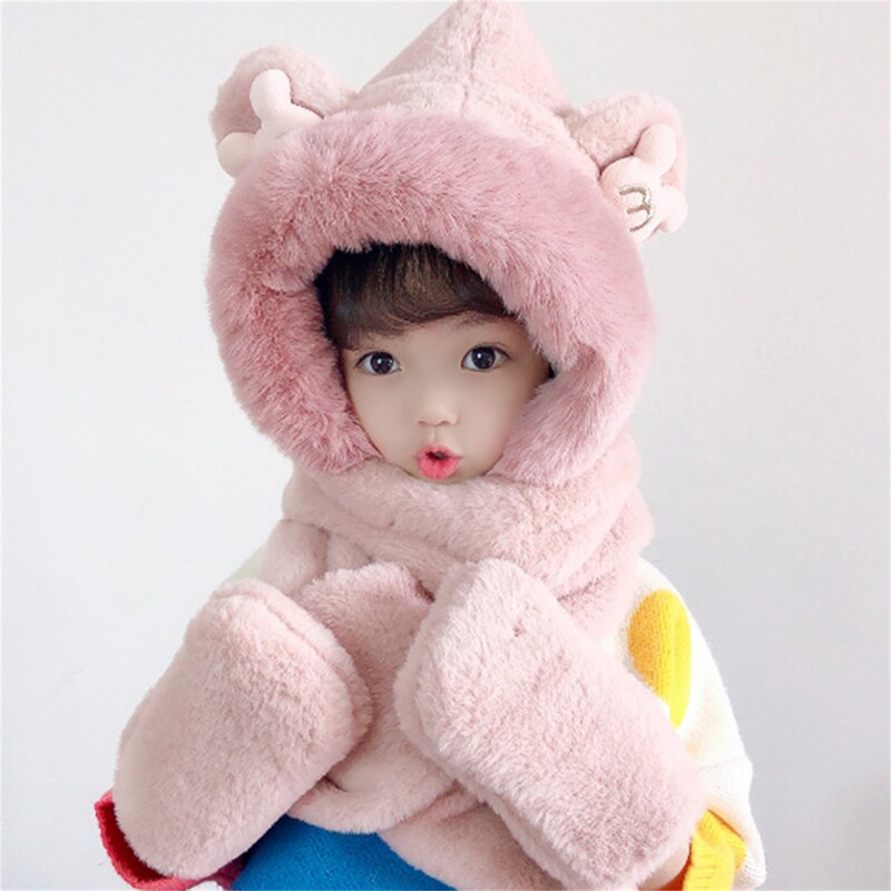 Pălării cu glugă din pluș de iarnă Eșarfă Mănuși pentru copii Fete Pălărie moale 3 în 1 groasă și caldă cu eșarfă lungă șal înfășurări Mănuși șapcă pentru copii